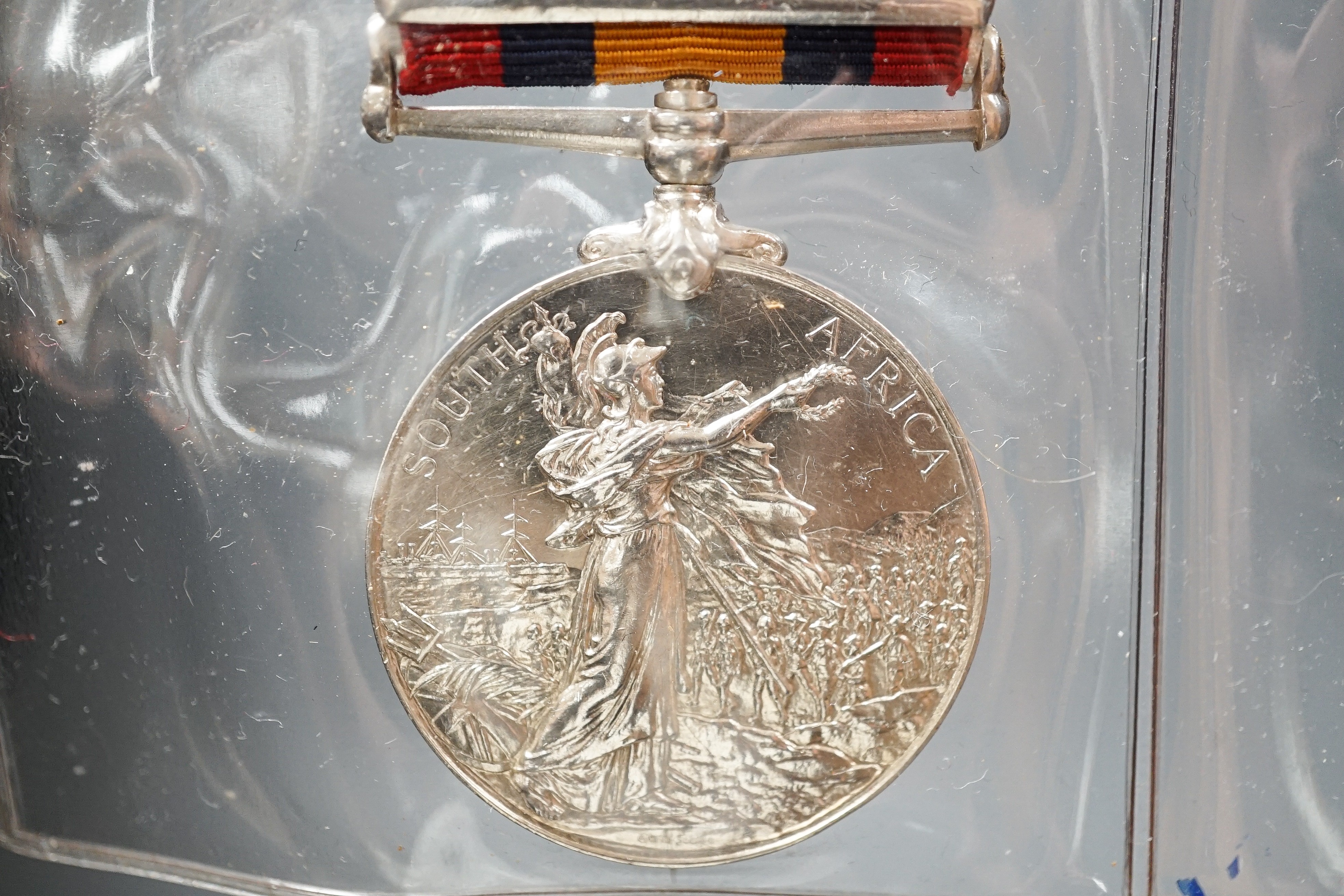 Six military associated medals to include - QSA with four clasps to 184 PTE. T. GRIFFITHS C.I.V., George V Territorial Force Efficiency Medal to 314 SJT. E.H. BARTON 25/ CYC.BN. LOND. REGT. (25th County of London Cyclist
